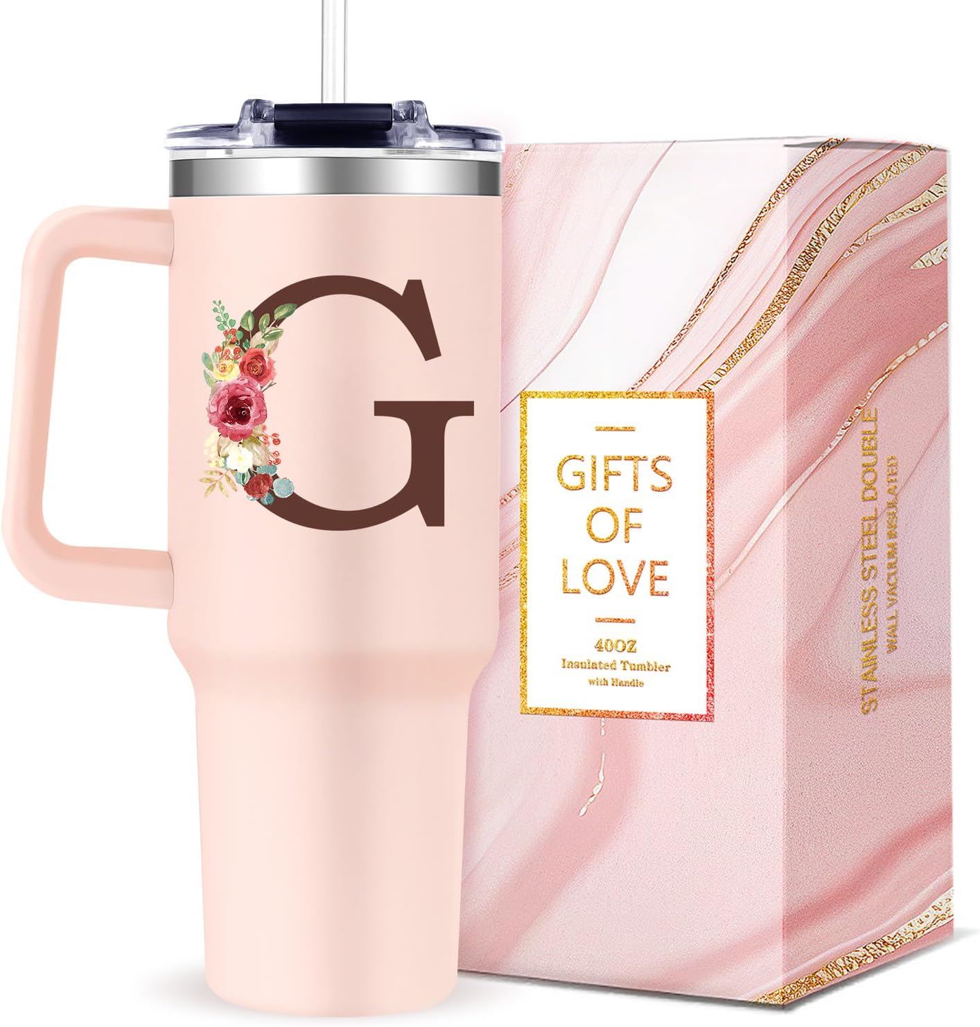 Monogrammed 40oz Tumbler with Handle for Women, Personalized Birthday Gifts for Women,Initial Cups for Woman Floral Letter G,Customized Gifts for Female Lady Gift for Mothers Day Christmas