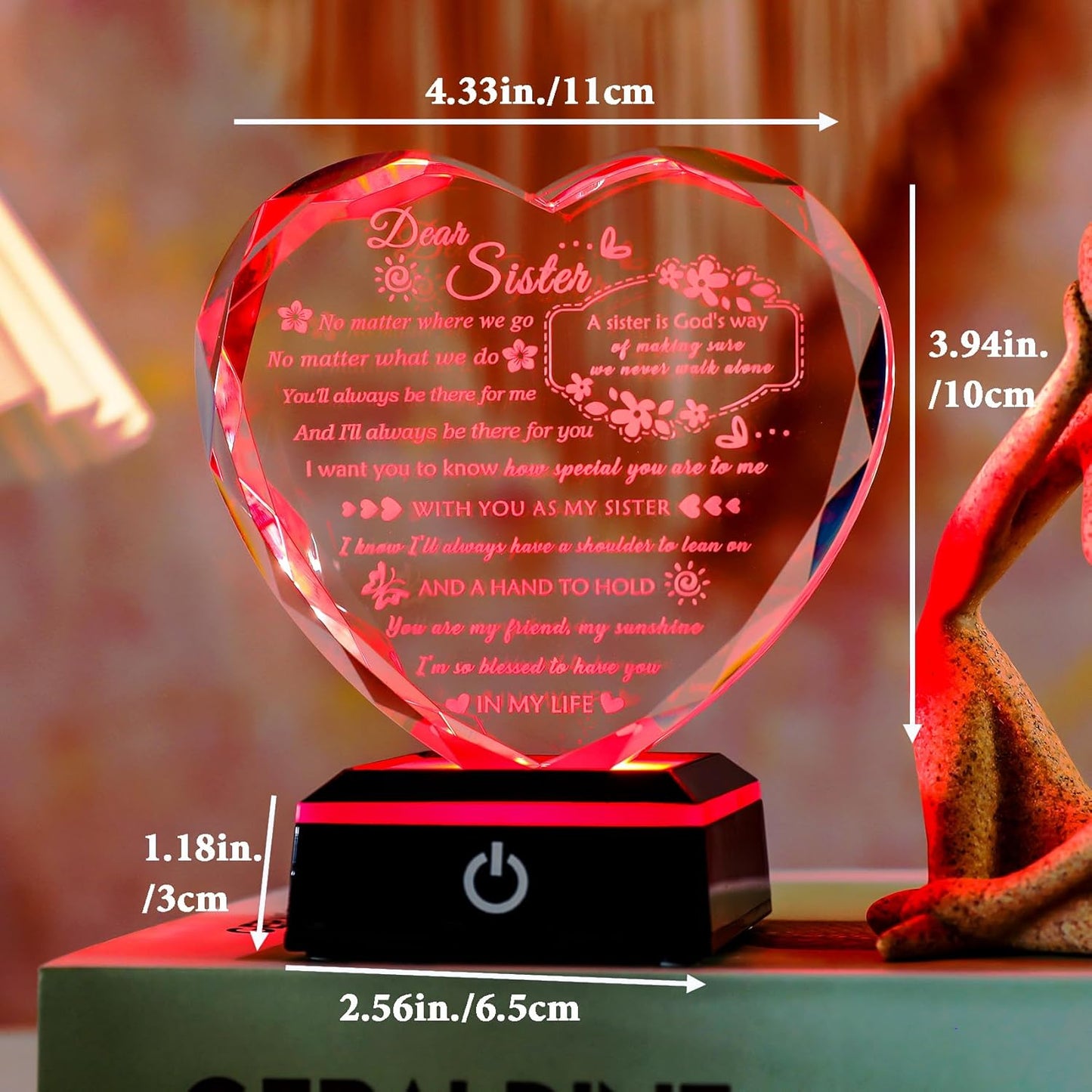 YWHL Sister Birthday Gifts from Sister Brother To My Sisters Crystal Heart Keepsake with Colorful Light Base Sister Gifts for Women for Christmas Mother's Day