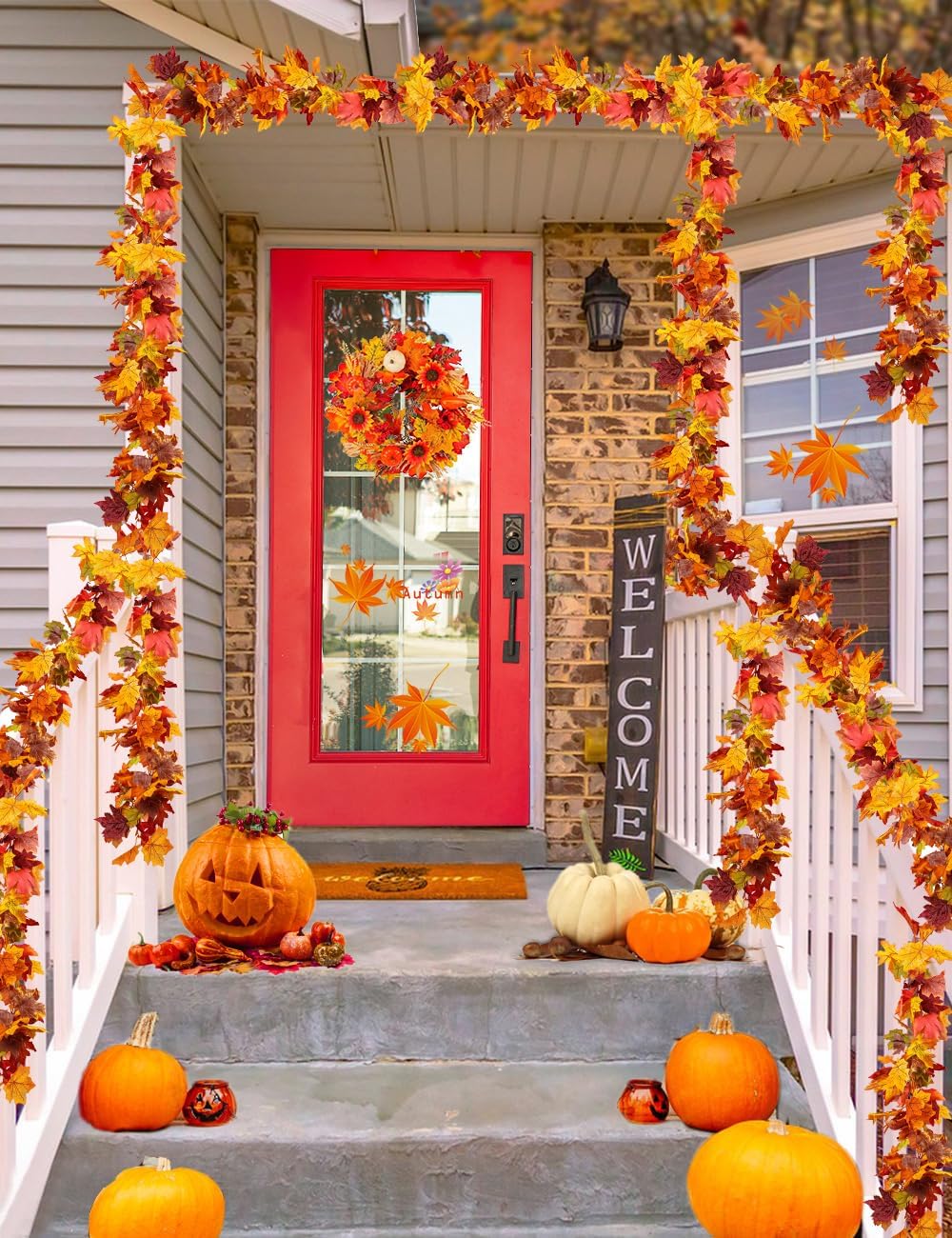 wohohoho 6 Packs Fall Garland Maple Leaf, 5.9Ft/Pieces Fall Leaves Garland 7 Maple Leaves Hanging Vines for Autumn Decor Halloween Thanksgiving Christmas Indoor Outdoor Decorations