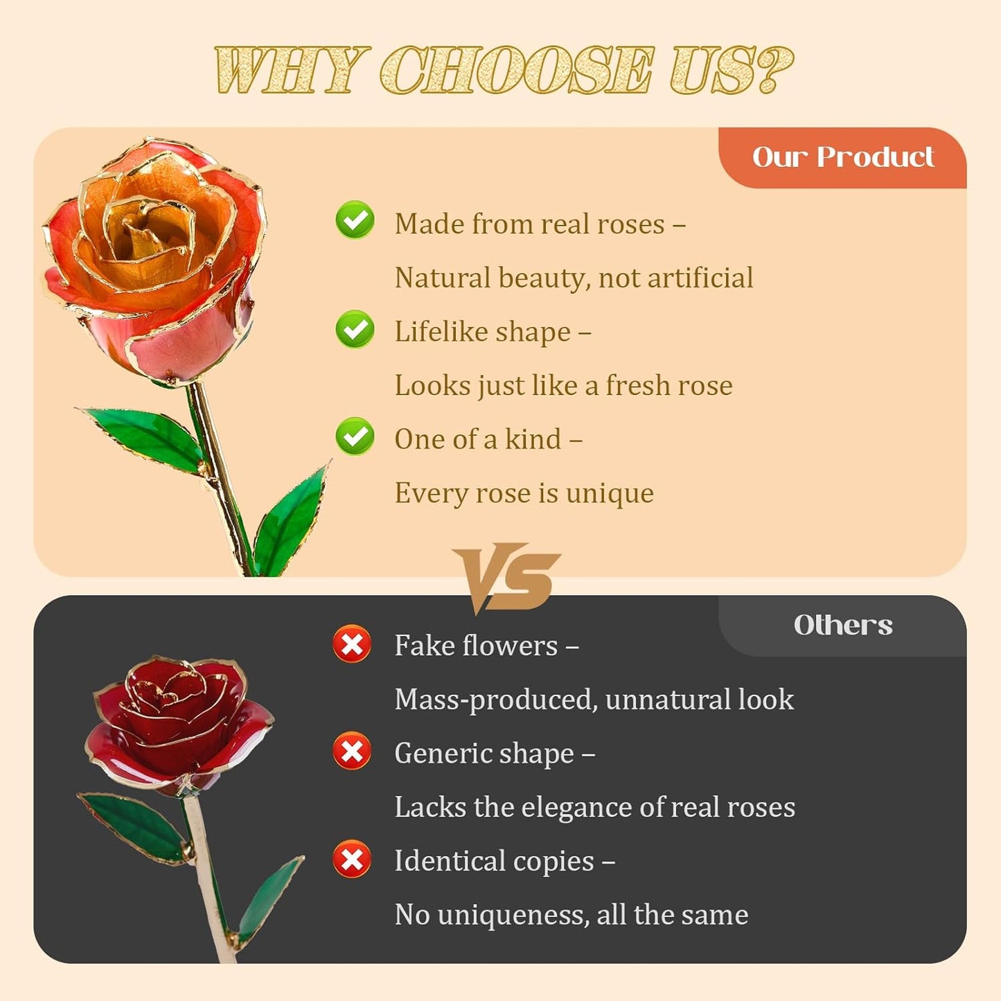 Mikasol Real 24K Gold Dipped Realistic Rose – Timeless Lifelike Bloom with Heart Puzzle Base – Romantic Gradient Orange Flower Gift for Her, Wife, Girlfriend, Mom – Birthday, Anniversary, Mother’s Day