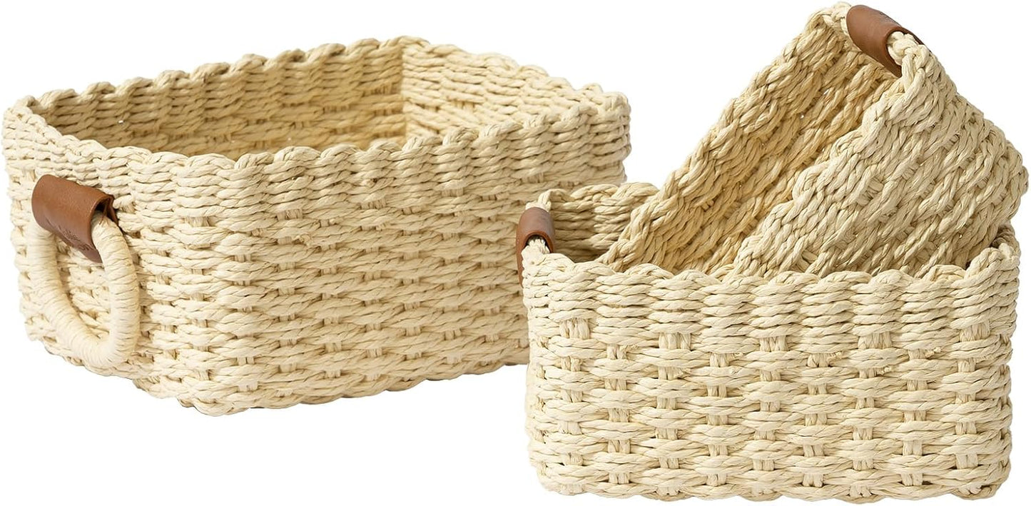 La Jolie Maison Small Beige Wicker Baskets Set of 3, Paper Rope Storage Baskets with Handle, Small Woven Baskets for Organizing, Decorative Cute Baskets for Gifts