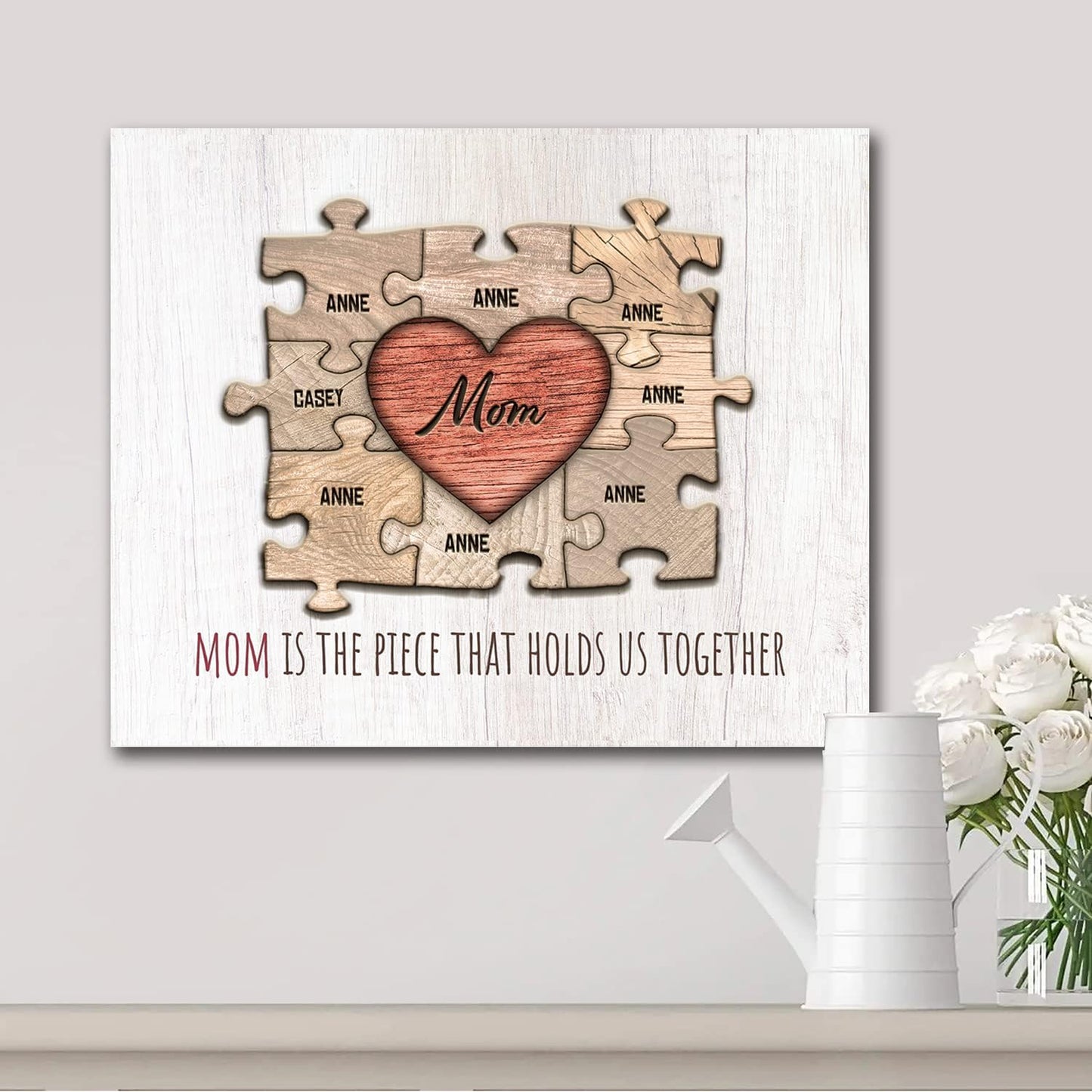 Personal-Prints MOM & Children Personalized HEART Puzzle Wall Art | Unique Customized with up to 8 Names | Mother’s Day, Birthday or Christmas Gift (16"x20" Stretched Canvas, 8 Children)
