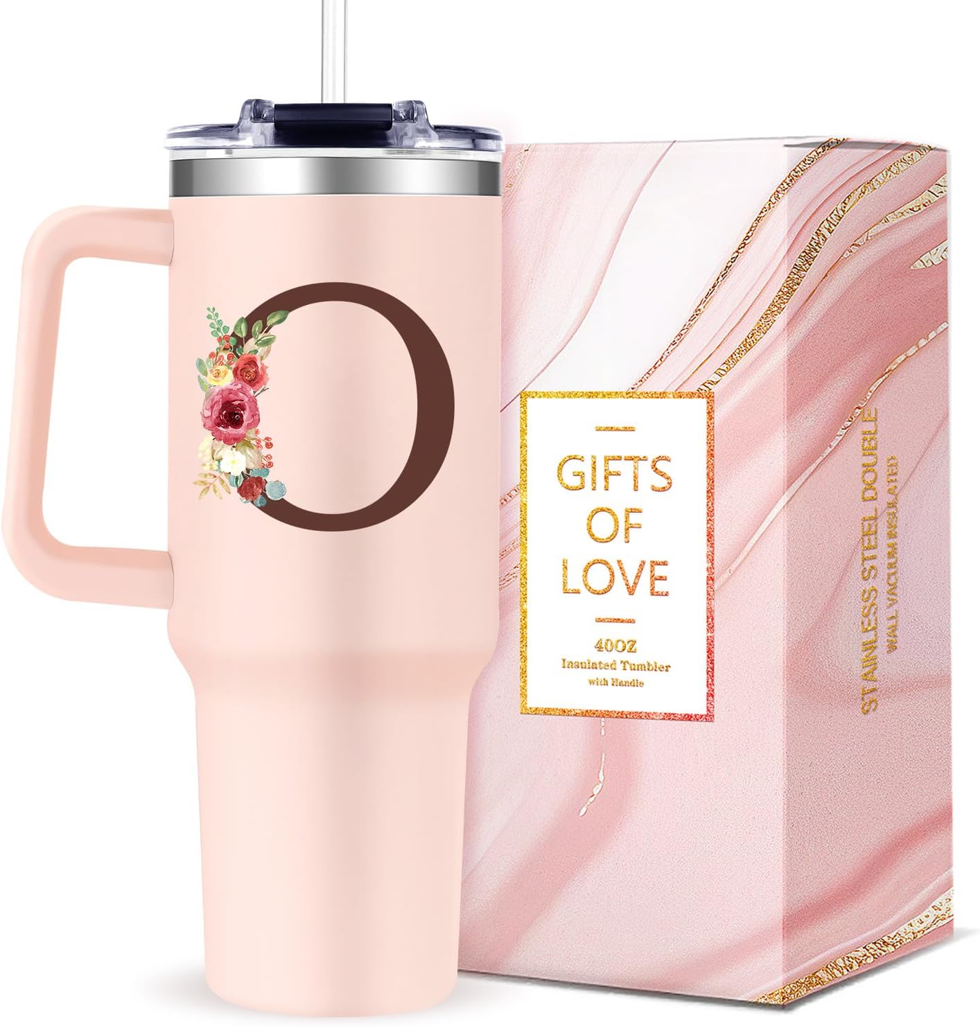 Monogrammed 40oz Tumbler with Handle for Women, Personalized Birthday Gifts for Women,Initial Cups for Woman Floral Letter 0,Customized Gifts for Female Lady Gift for Mothers Day Christmas