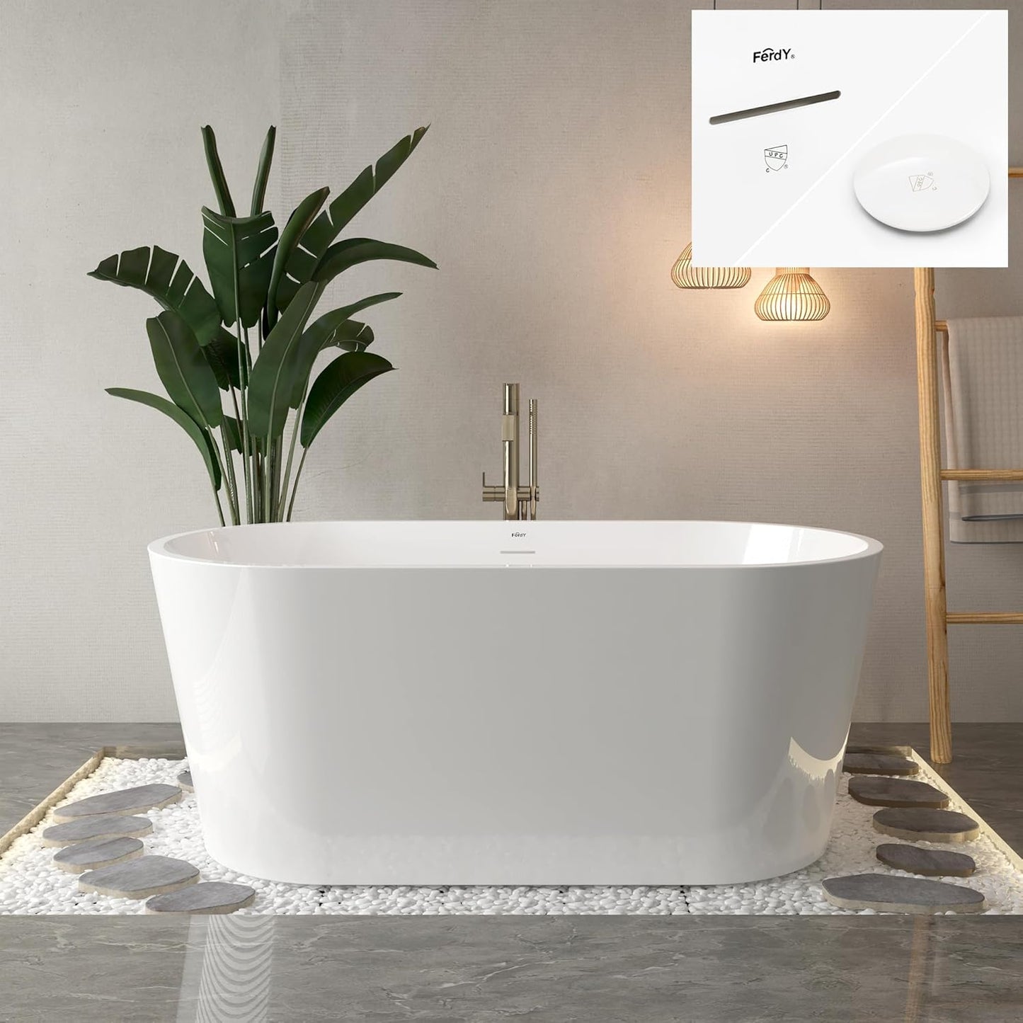 FerdY Shangri-La 55" Acrylic Freestanding Bathtub, Ergonomic Lightweight Classic Oval Soaking Bathtub with Polished White Drain, Minimalist Linear Design Overflow, Modern White