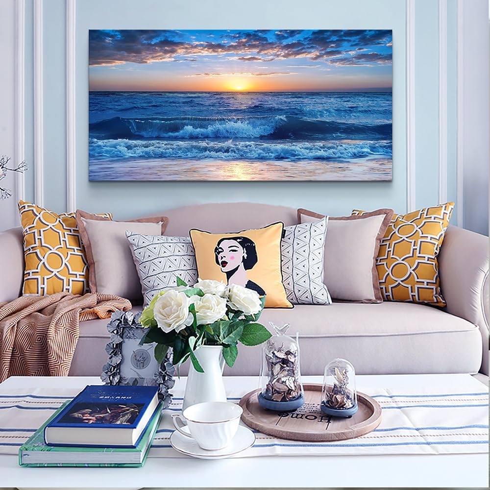 Wapluam Large Canvas Wall Art For Office Farmhouse Living Room Ocean Beach Wall Paintings Blue Sea View Wave Wall Pictures Framed Prints Artwork Modern Bedroom Home Decor 30"X 60"