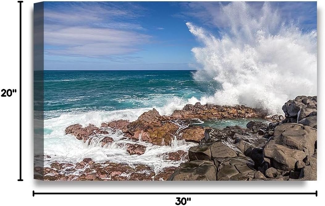 IPIC - Waves crashing at Queen's Bath, Kauai, Hawaii. Personalized Artwork with Names and Date on, Customized Gift for Anniversary,Wedding,Birthday and Holidays. 30x20