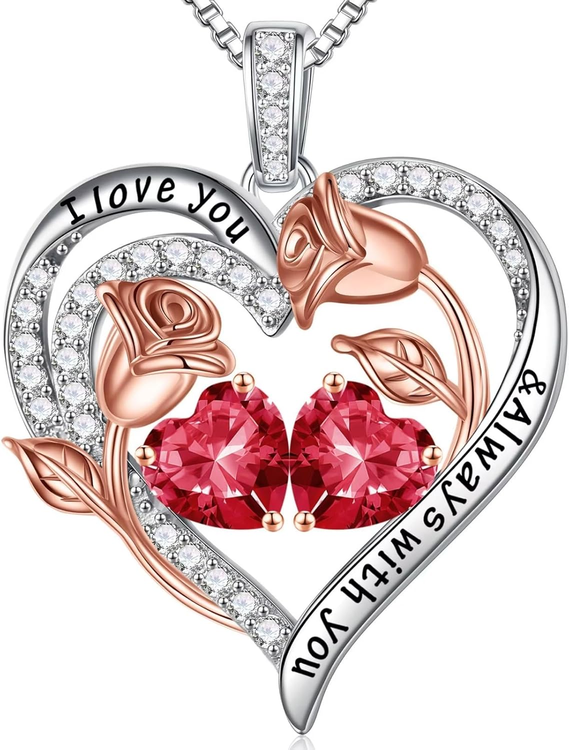 Iefil Birthstone Necklace for Women - 925 Sterling Silver Rose Heart Birthstone Necklace Birthday Anniversary Jewelry Gifts for Her Wife Mom Daughter