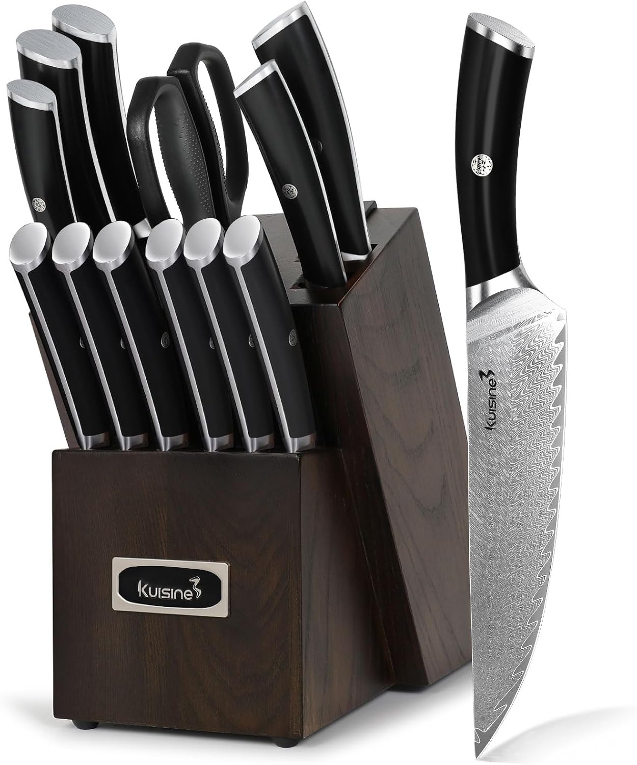 Damascus Knife Block Set,Sharp Knife Set,Ergonomic Non-slip Handle,Chef Knife Set with Built-in Sharpener,Luxury Gift for Holiday(Silver,14PCS)