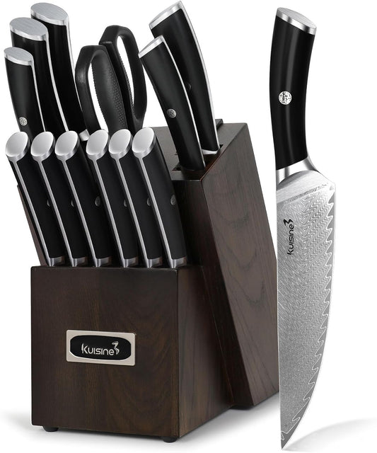 Damascus Knife Block Set,Sharp Knife Set,Ergonomic Non-slip Handle,Chef Knife Set with Built-in Sharpener,Luxury Gift for Holiday(Silver,14PCS)
