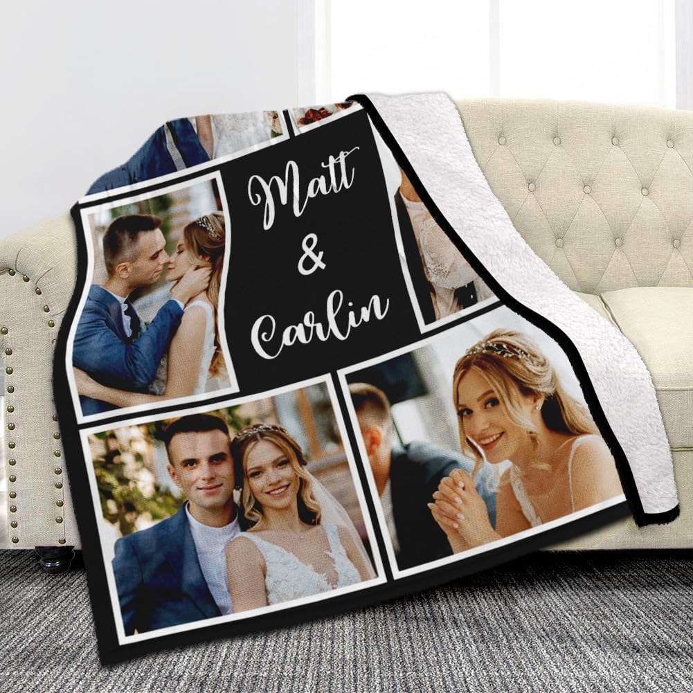 Custom Sherpa Fleece Blanket with Photos and Text - Soft Warm Fuzzy Personalized Couples Gift for Boyfriend Girlfriend - Customized Picture Blanket for Birthday Anniversary Christmas