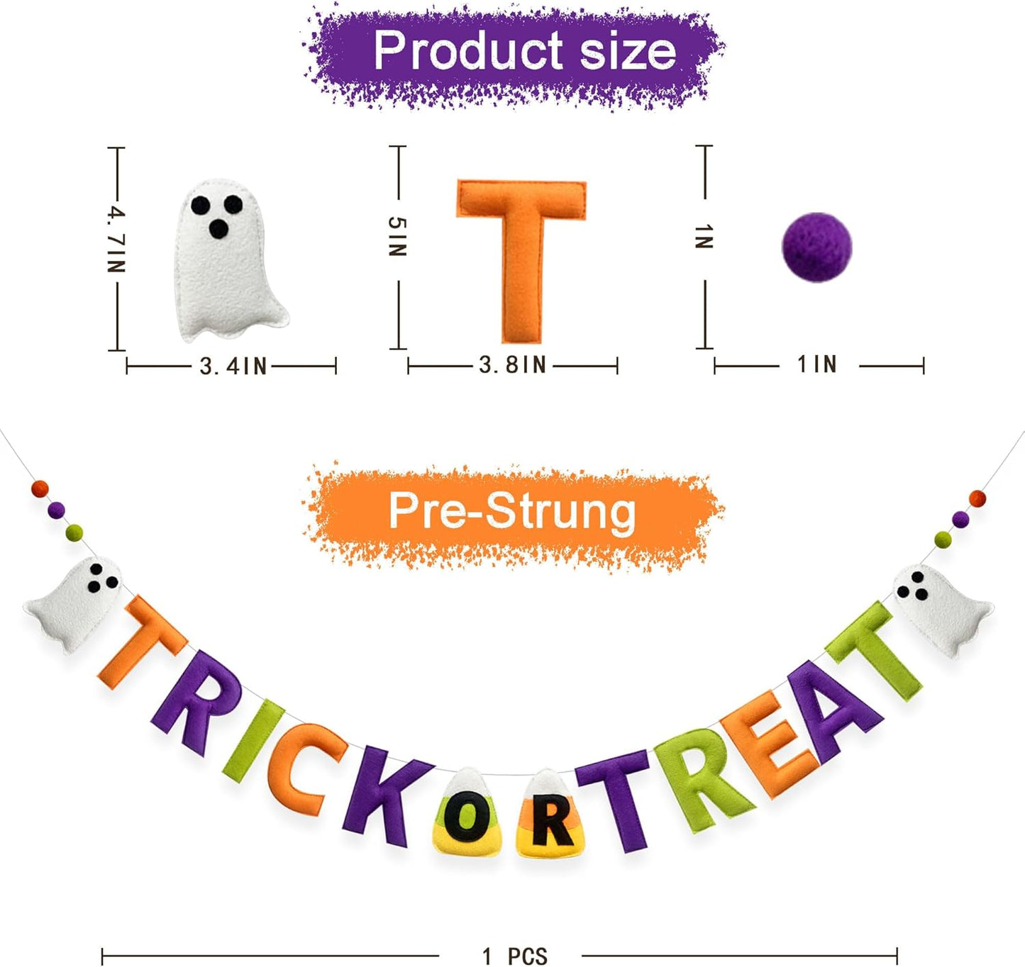 Halloween Decorations Pre-Strung Felt Trick or Treat Sign Ghost Candy Corn Banner Wool Felt Ball Garland for Halloween Ghost Home Nursery Wall Decor Birthday Baby Shower Party Decorations Supplies