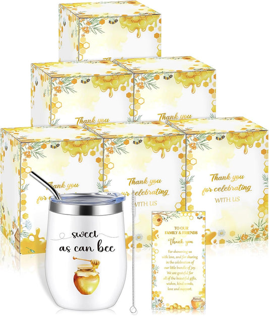 Hoolerry 6 Set Baby Shower Game Prizes for Guests Winners 12 oz Insulated Stainless Steel Tumbler Cup with Lids, Straws, Cleaning Brush, Cards & Boxes Return Gifts(Yellow,Bee Honey)
