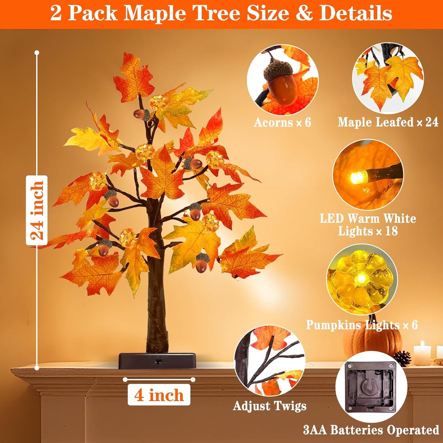 TURNMEON Fall Decor 2 Pack 24 Inch Prelit Fall Maple Tree Thanksgiving Fall Decorations for Home with 48 LEDs Timer Battery Operated Pumpkin Lights 6 Acorn Tabletop Halloween Decorations Indoor Autumn