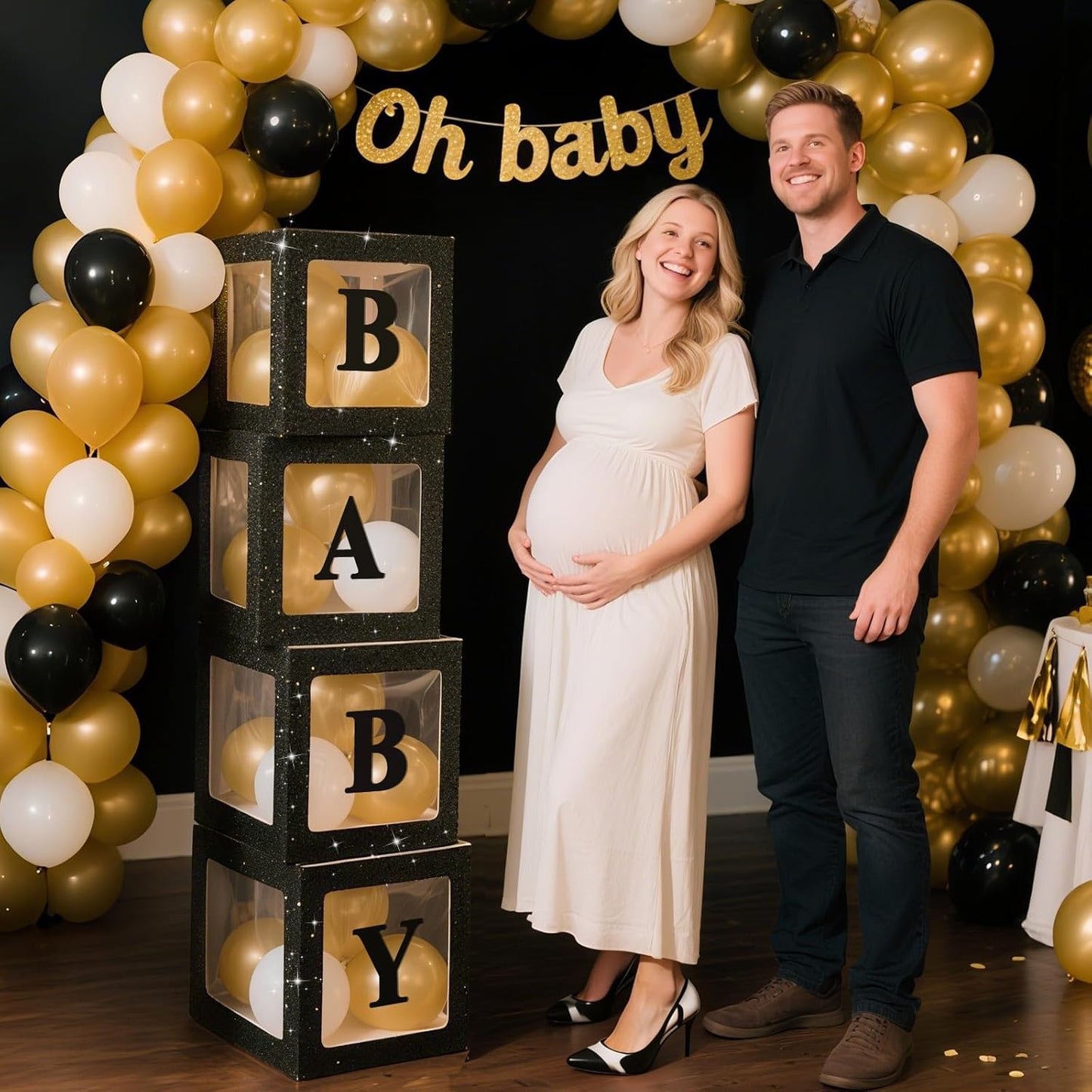 Ledido Baby Boxes with Letters for Baby Shower Decorations, 4 pcs Clear Baby Balloon Boxes for Baby Shower Decor with Letters for Boy Girl Gender Reveal Decorations Backdrop Party (Black Glitter)