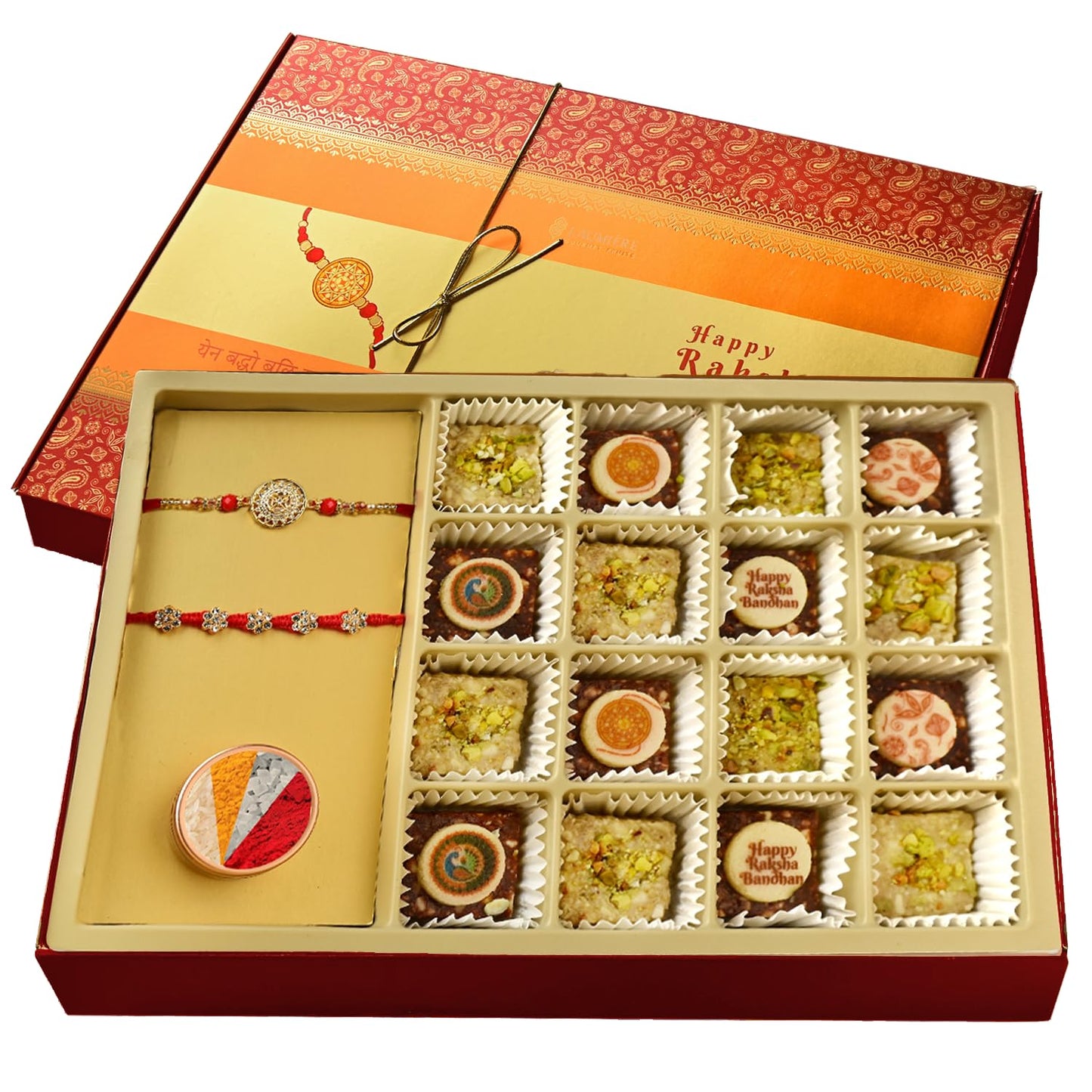 Laumière Gourmet Fruits | Rakhi for Brother with Gift Set | Rakhi with Sweets | Raksha Bandhan Premium Dry Fruits & Nuts Box with 2 Rakhis & Roli Combo – Rakhi Hamper for Brother - No Added Sugar, Vegan, Halal