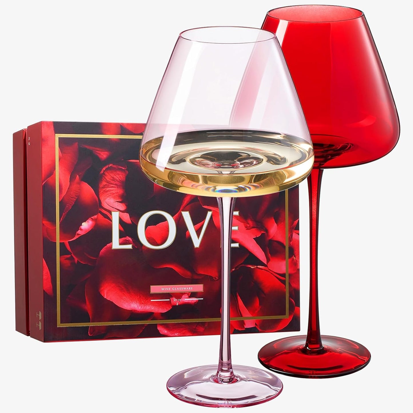 Khen Love Red & Pink Crystal Wine Glasses | Set of 2 | Italian Style Tall Stemmed 24 oz Glasses, Love Gifts, Birthday, Anniversary, Heart Drinkware,