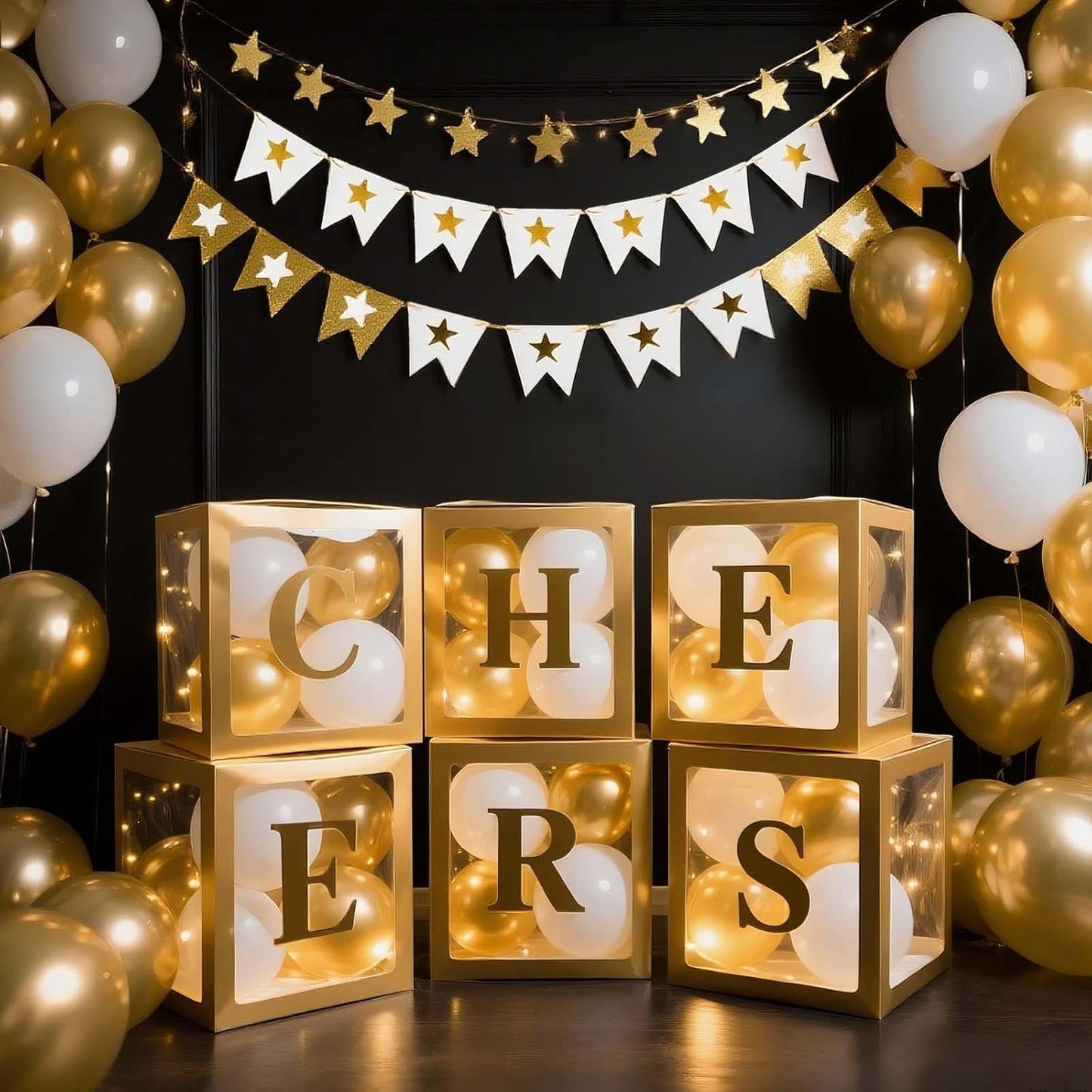 Ledido Baby Boxes with Letters for Baby Shower Decorations, 4 Pcs Transparent Balloon Boxes Blocks with Fairy String Lights, Clear Balloon Boxes for Boy Girl Gender Reveal Party Backdrop (Gold)