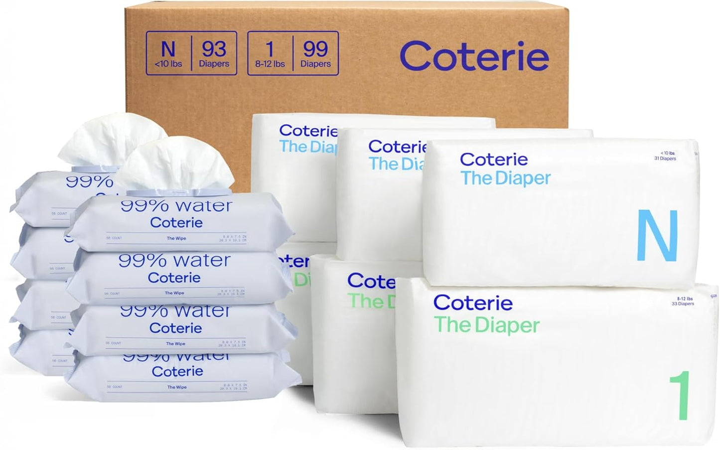Coterie Baby Wipes + Diapers Kit, Size 1 (99 Count) & Size Newborn Diapers (93 Count), 8 Pack (448) Baby Wipes with 99% Water, Plant Based Materials, Hypoallergenic for Sensitive Skin