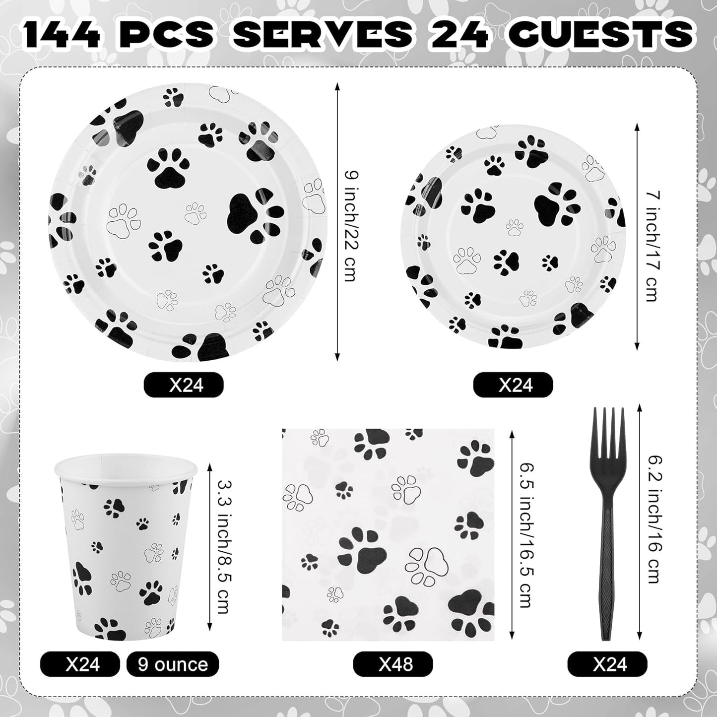 144 Pieces Black Paw Print Party Tableware Sets Including Disposable Plates Napkins Cups Forks Serves 24 for Dog Puppy Theme Party Supplies