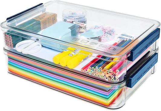 2 Pcs 5.5qt 9 x 13 Plastic Portable Project Case With Snap-Tight Latch Clear Stackable Storage Box With Lids Organizer Container For A4 File Photo Documents Scrapbook Craft Art Supplies