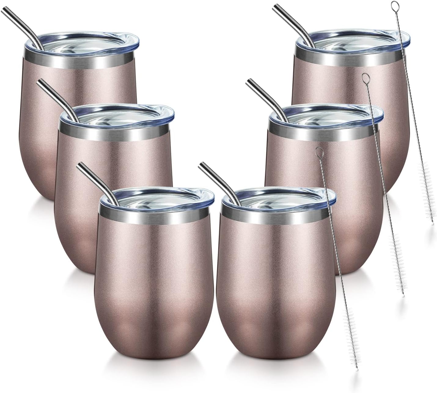 COMOOO Rose Gold Stainless Steel Wine Tumbler Bulk with Lid and Straw 12oz Double Wall Vacuum Insulated Travel Tumbler Cup for Coffee Wine Cocktails Ice Cream Cup (Rose Gold, 6 pack)