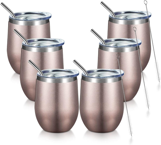 COMOOO Rose Gold Stainless Steel Wine Tumbler Bulk with Lid and Straw 12oz Double Wall Vacuum Insulated Travel Tumbler Cup for Coffee Wine Cocktails Ice Cream Cup (Rose Gold, 6 pack)