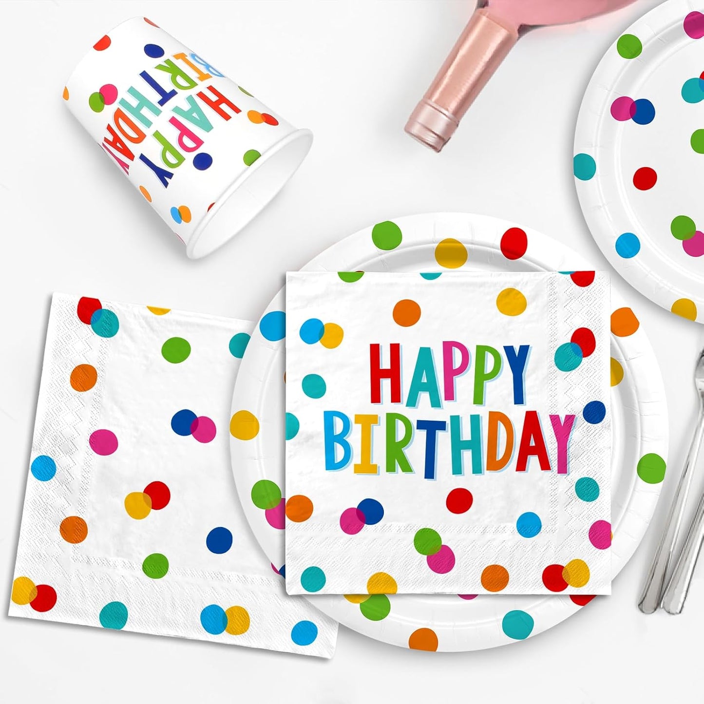 Happy Birthday Decorations: Happy Birthday Party Supplies Set with Birthday Dots Design- Includes Disposable Paper Birthday Plates and Napkins, Cups, Tablecloth, and Banner for Boys/Girls, Serves 25.