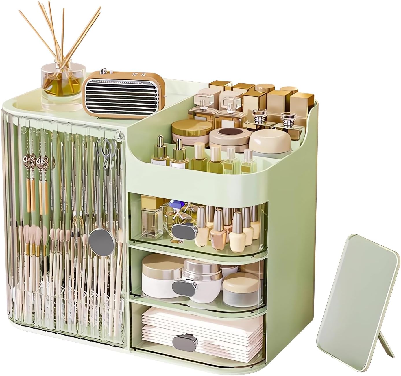 DASITON Makeup Organizer for Vanity,Large Capacity Makeup Storage Organizer with 3-Layer Drawers and Mirror,Cosmetics Display Case Make up Organizers for Vanity,Bedroom,Countertop(Green)