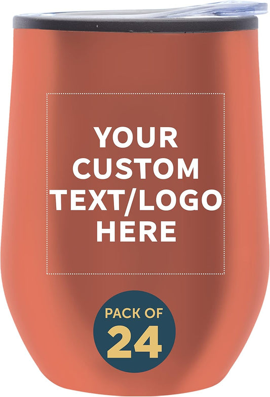 Custom Stemless Wine Tumblers 12 oz. Set of 24, Personalized Bulk Pack - Insulated, Perfect for Wine, Cocktails, Other Hot & Cold Beverages - Rose Gold