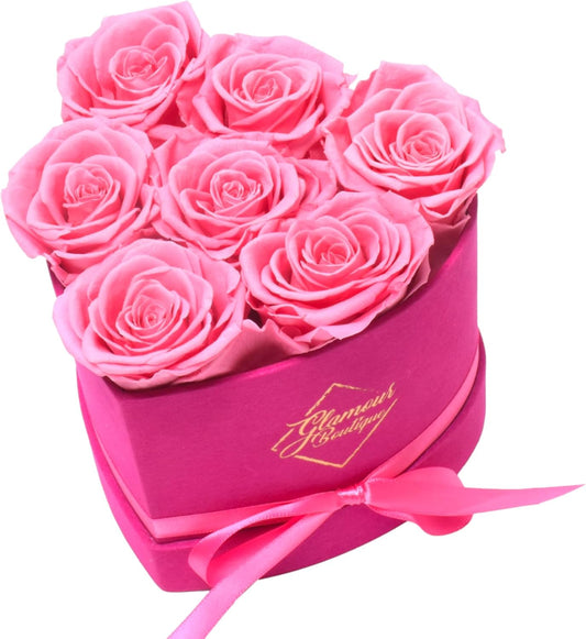 7 Flower Forever Heart Shape Box - Preserved Roses Gift for Her, Preserved Flowers, Velvet Pink