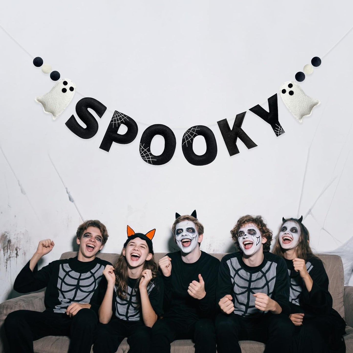 Halloween Decorations Pre-Strung Felt Spooky Sign Spiderweb Ghost Banner Wool Felt Ball Garland for Spooky Halloween Ghost Nursery Home Wall Decor Baby Shower Birthday Party Decorations Supplies