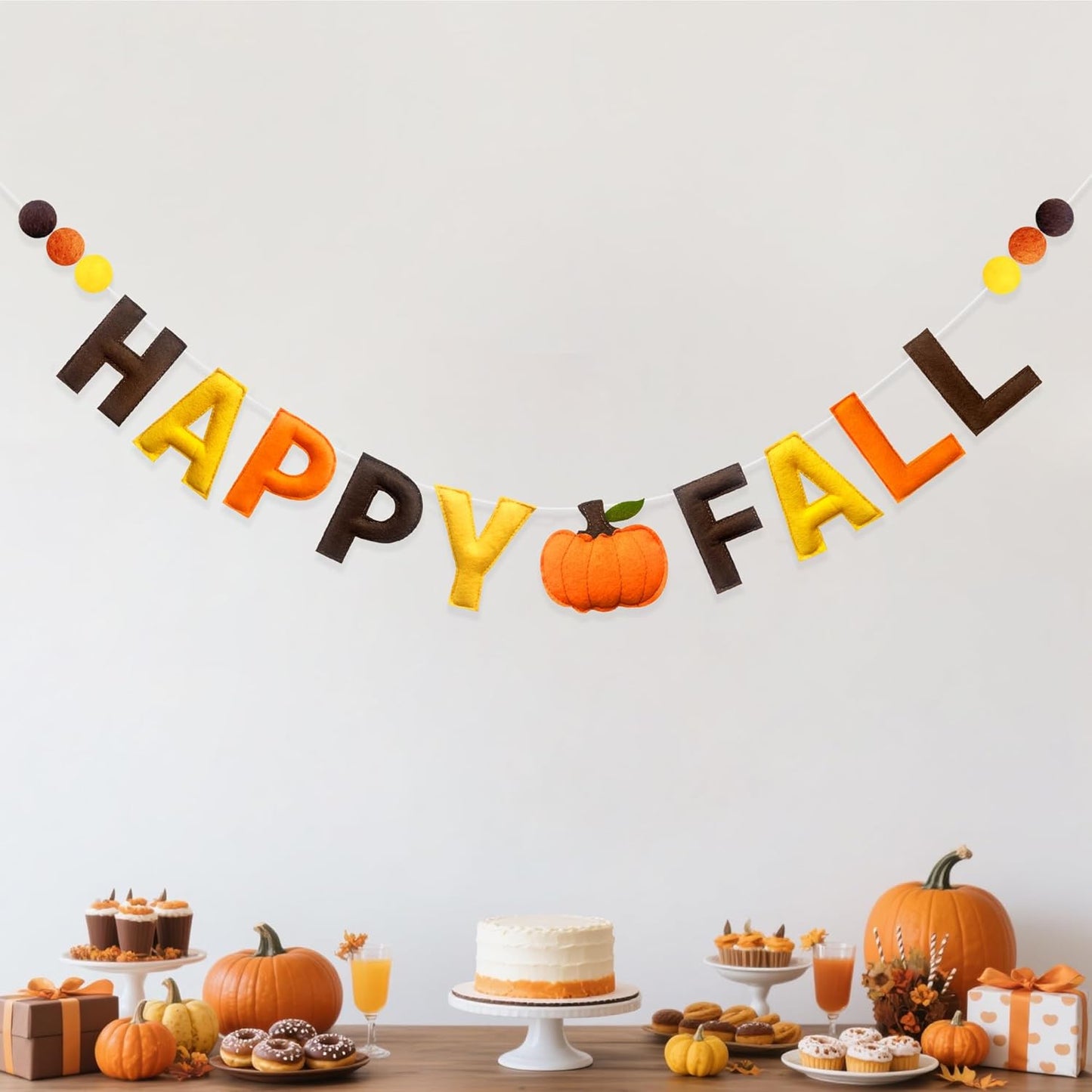 Fall Decorations Pre-Strung Handmade Felt Happy Fall Sign Pumpkin Banner Wool Felt Ball Garland for Autumn Thanksgiving Harvest Nursery Home Wall Decor Birthday Baby Shower Party Decoration Supplies