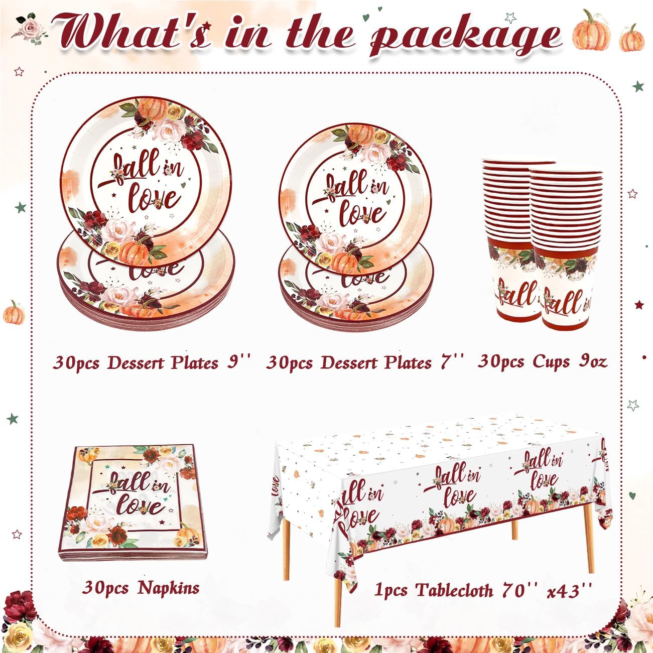 Zhynice Fall in Love Bridal Shower Decorations 121 Pcs Fall Wedding Disposable Autumn Floral Pumpkin Plates and Napkins Cups Tablecloth for Fall Theme Wedding Engagement Supplies 30 Guest