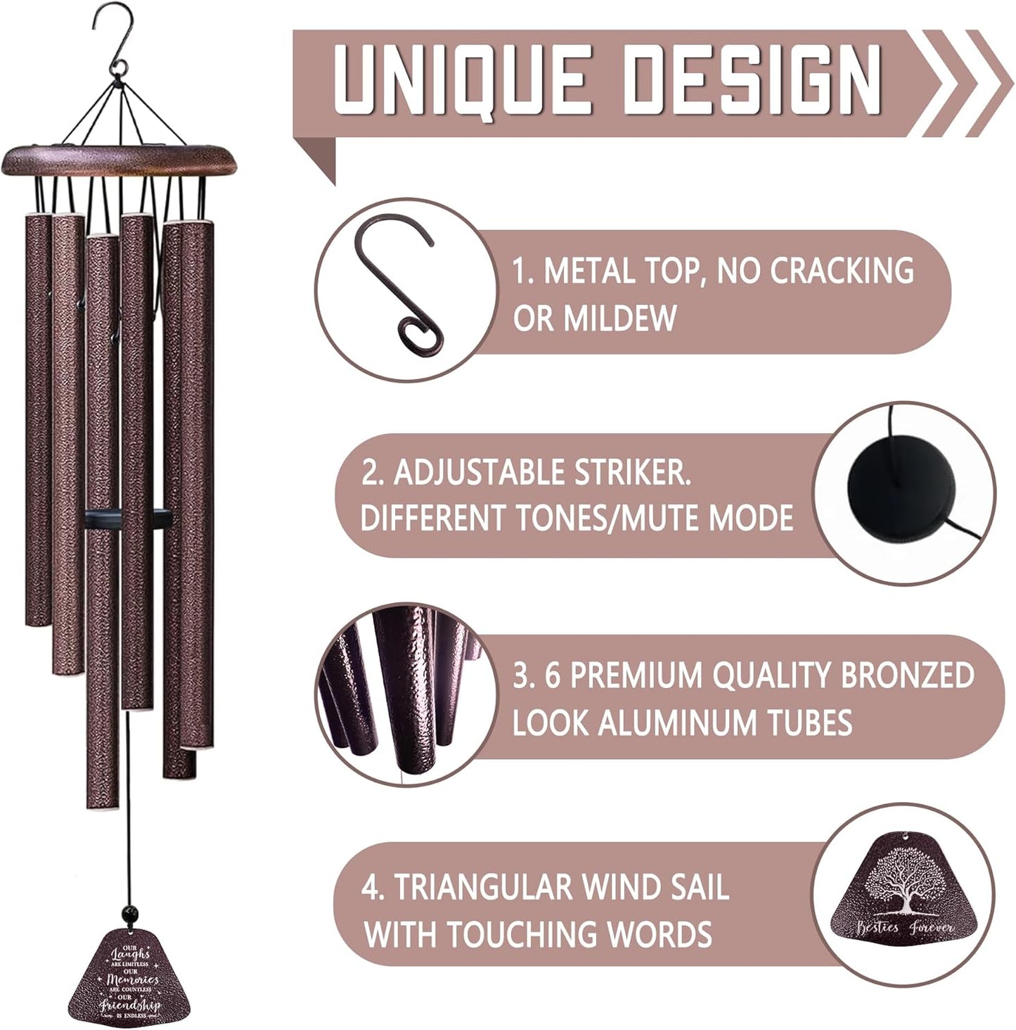 Best Friend Birthday Gifts for Women Wind Chimes 32", Friendship/Bestie Gifts for Women, Christmas/Mothers/Valentines Day/Graduation Birthday Gift for Best Friend Woman/BFF/Soul Sister/Bestie