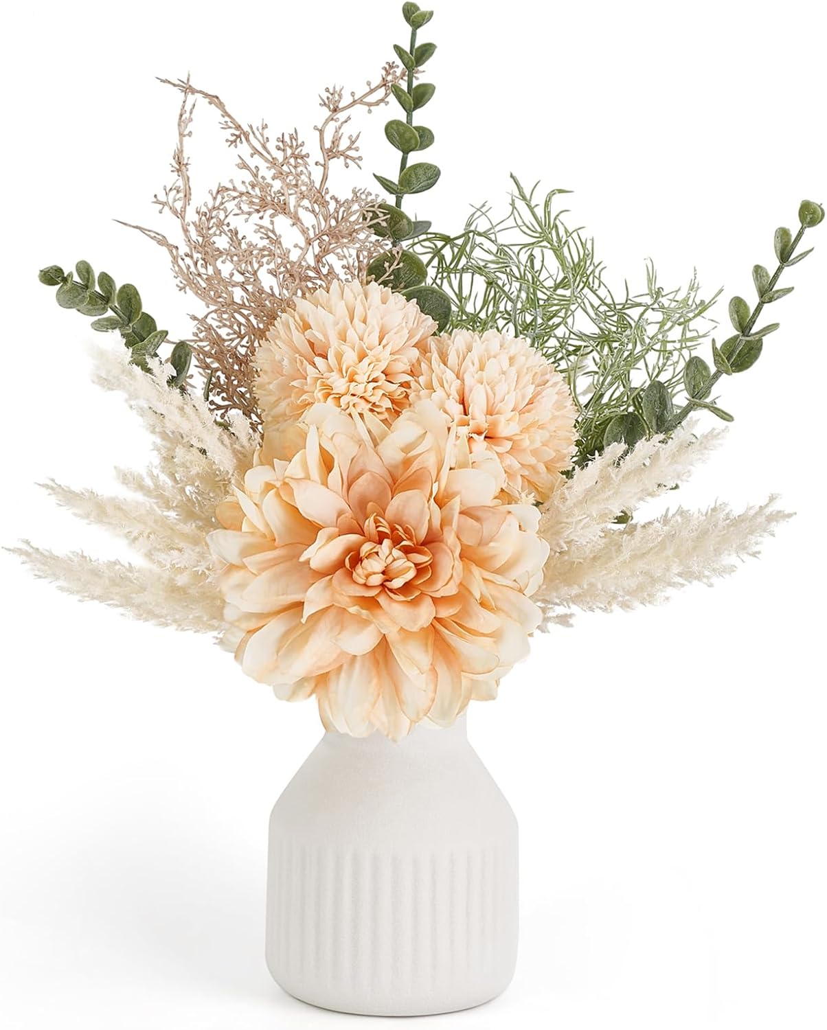 Mkono Small Artificial Flowers in Ceramic Vase 13.5" Centerpieces Coffee Table Decor, Silk Flower Arrangements for Home Decor Indoor Fake Flower Bouquet for Bathroom Dining Room Kitchen Champagne