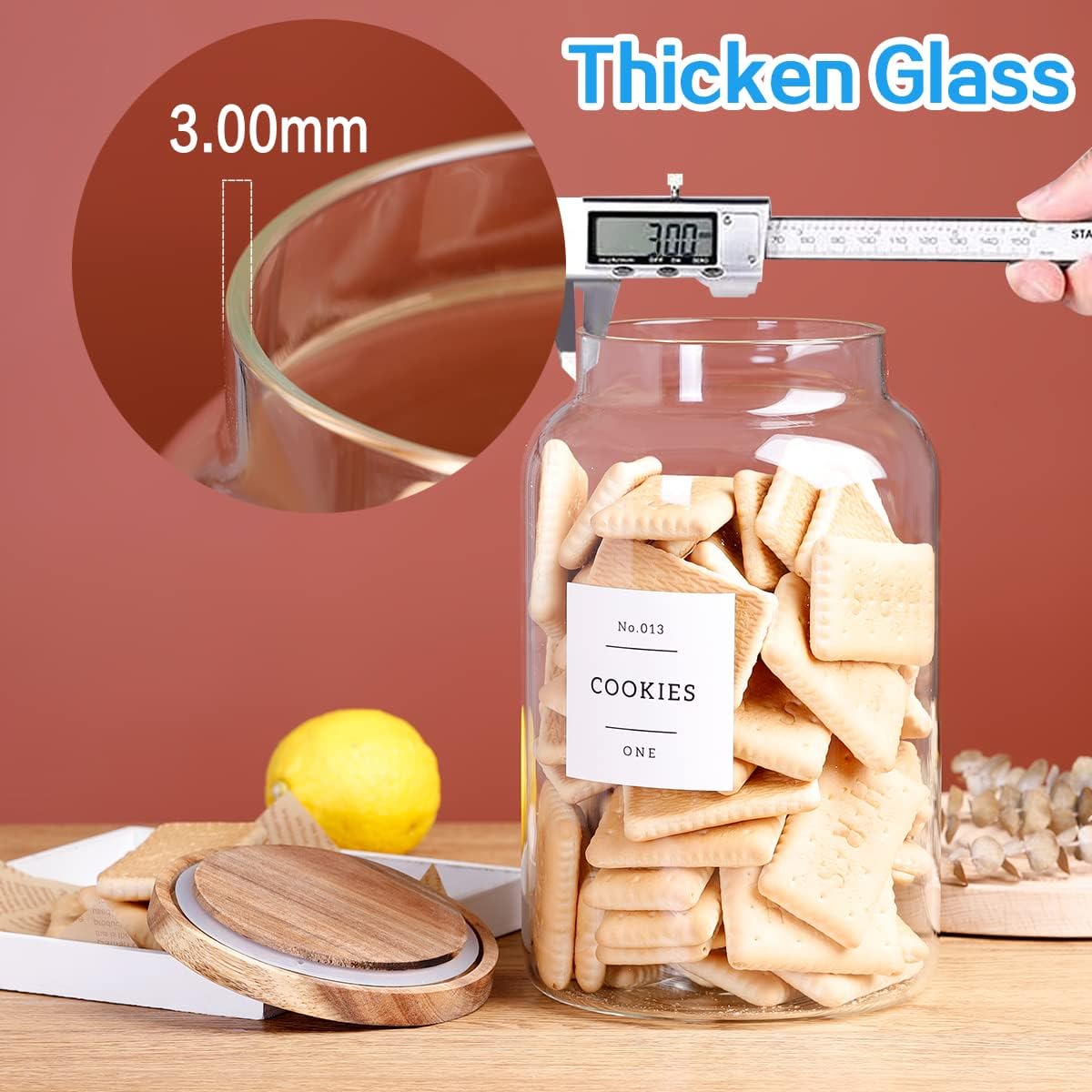 1 Gallon Large Glass Cookie jar with Airtight Acacia lids - Thicken Big Food Storage Containers with 42 Kitchen Waterproof Pantry Labels Preprinted - Clear Glass Canister for Flour, Rice, Coffee