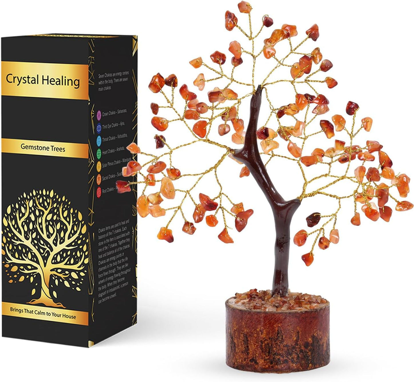 NARIBABU Carnelian Crystal Tree (7–8 Inch, 100 Chips) – Handmade Gemstone Tree with Raw Stones & Golden Wire – Birthday Gifts for Women, Gift for Her, Spiritual Decor, Office Desk Gift