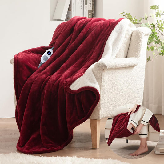 Westinghouse Electric Blanket with Foot Pocket for Adults, Ultra Soft Flannel to Sherpa Heated Throw with 6 Heating Levels & 2-10 Hours Time Settings, Fast Heating & Machine Washable, 50x62, Burgundy