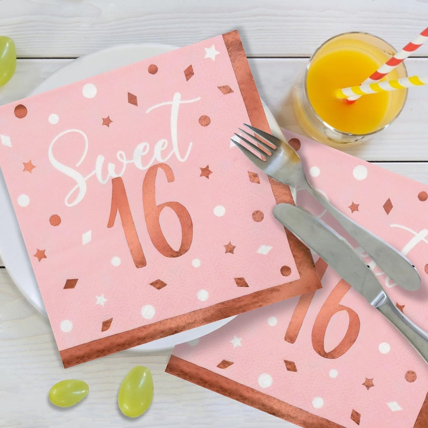 Rose Gold & Pink Sweet 16 Birthday Bundle: Party Supplies Set with paper Plates, Napkins, Cups, Tablecloth & Banner - Sweet Sixteen Decorations, Party Favors ,Serves 25