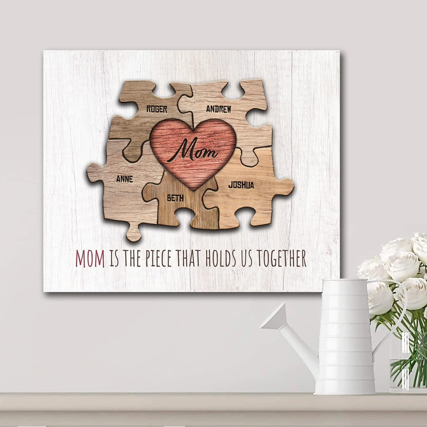 Personal-Prints MOM & Children Personalized HEART Puzzle Wall Art | Unique Customized with up to 8 Names | Mother’s Day, Birthday or Christmas Gift (16"x20" Stretched Canvas, 5 Children)