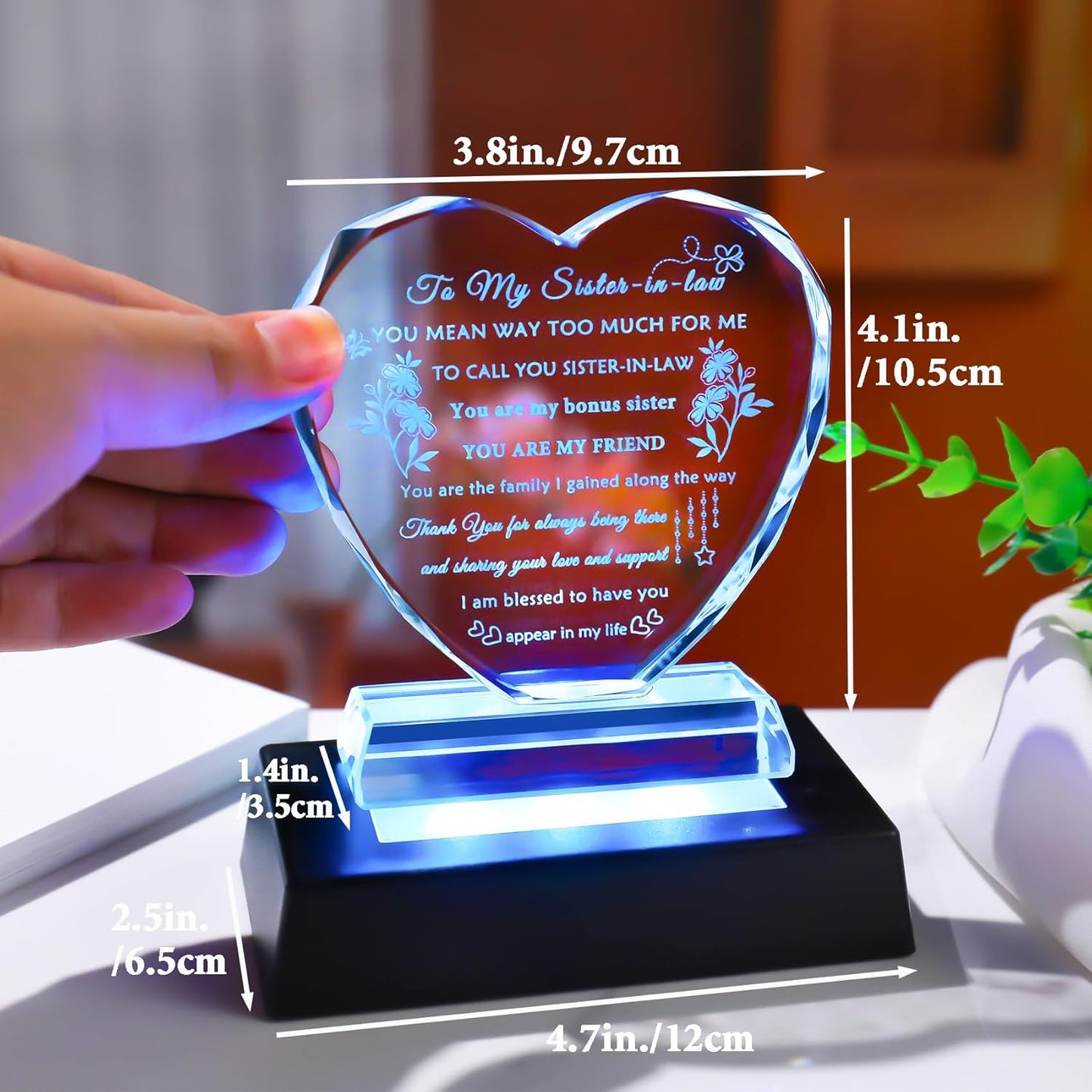 YWHL Best Sister in Law Gifts with Colorful LED Base Heart Crystal Keepsake Wedding Birthday Gifts for Sister in Law Unique Sister in Law Gifts Ideas for Christmas Mother's Day Thanksgiving