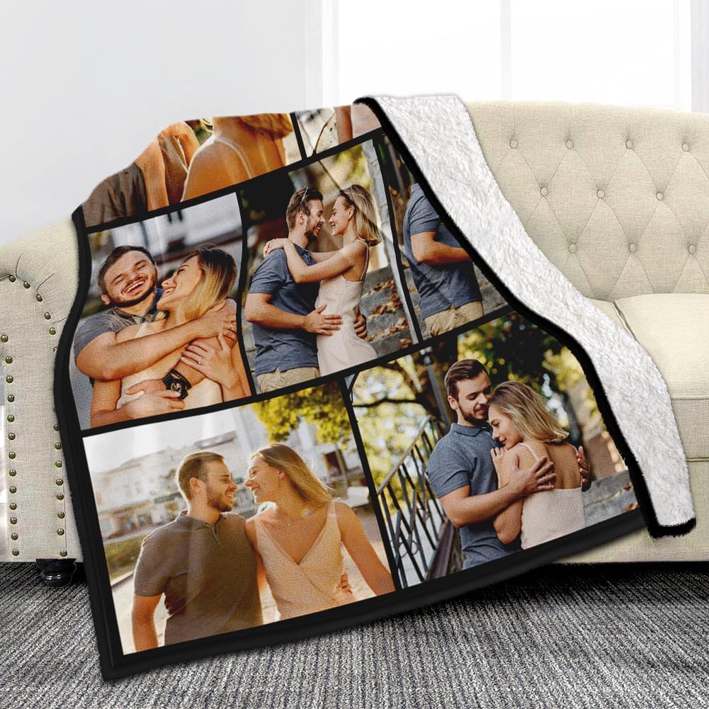 Custom Sherpa Fleece Blanket with Photos and Text - Soft Warm Fuzzy Personalized Couples Gift for Boyfriend Girlfriend - Customized Picture Blanket for Birthday Anniversary Christmas