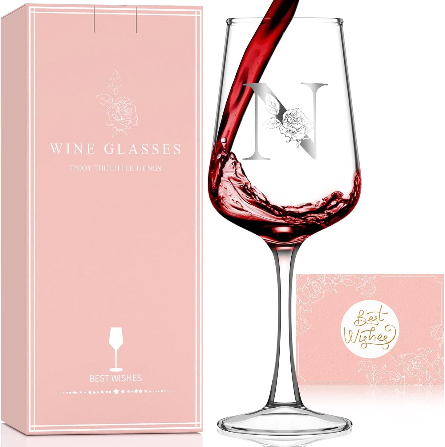 Monogrammed Wine Glass Gifts for Women - Personalized A-Z Wine Glasses with Gift Box & Greeting Card | Custom Mothers day, Anniversary, Birthday Gifts for Her, Mom, Wife, Best Friend, Sister,Woman (N)