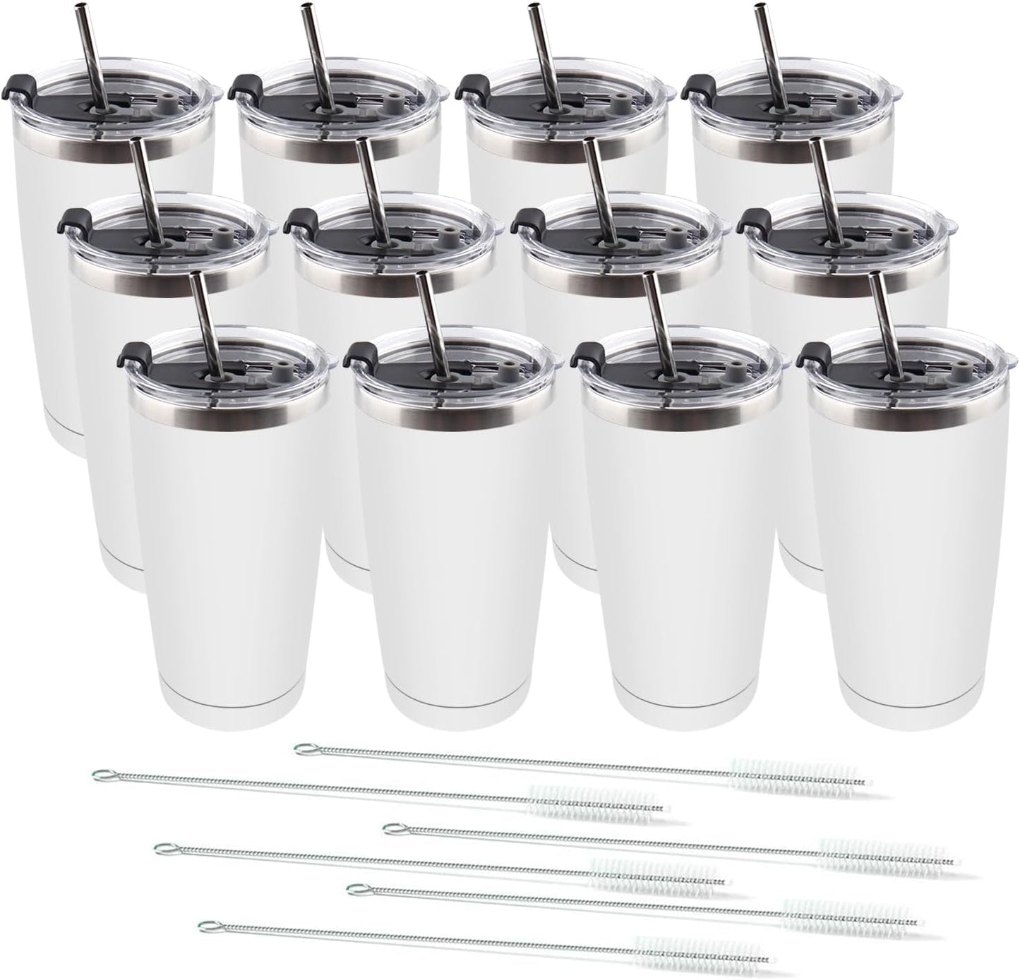 Amtidy 12 Pack 20oz Stainless Steel Tumbler with Lid, Powder Coated Vacuum Insulated Tumbler Cup, With straw and cleaning brushDouble Wall Coffee Tumbler, Powder Coated Travel Mug