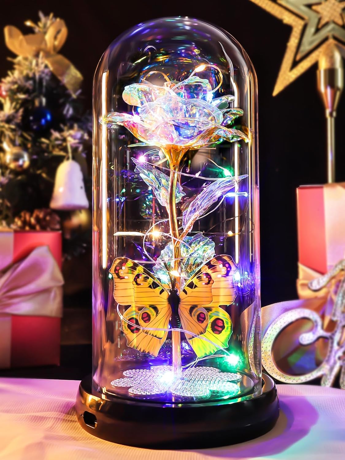 Pusuny Birthday Gifts for Women Mom, Rechargeable Galaxy Glass Rose Light Up Rose in Glass Dome Colorful Crystal Flower Butterfly Gift Mothers Day Christmas Roses Gifts for Her Wife Sister Friends