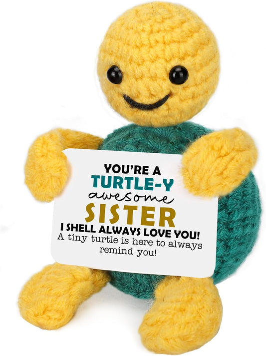 Funny Turtle Sister Gifts from Sister, Soul Sisters Friend Birthday Gift for Women Girls Besties Friendship Presents Cute Small Handmade Knitted Stuff Emotional Positive Crochet Animals Turtle