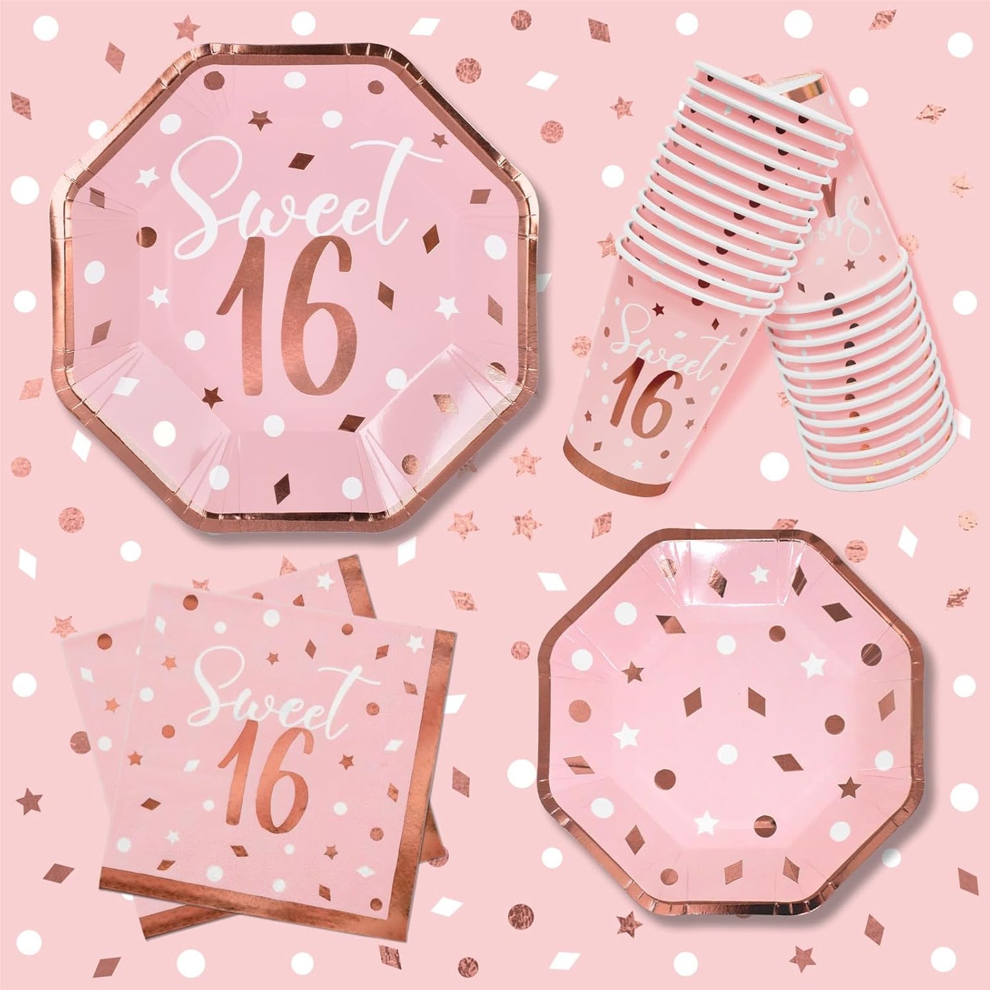 Rose Gold & Pink Sweet 16 Birthday Bundle: Party Supplies Set with paper Plates, Napkins, Cups, Tablecloth & Banner - Sweet Sixteen Decorations, Party Favors ,Serves 25