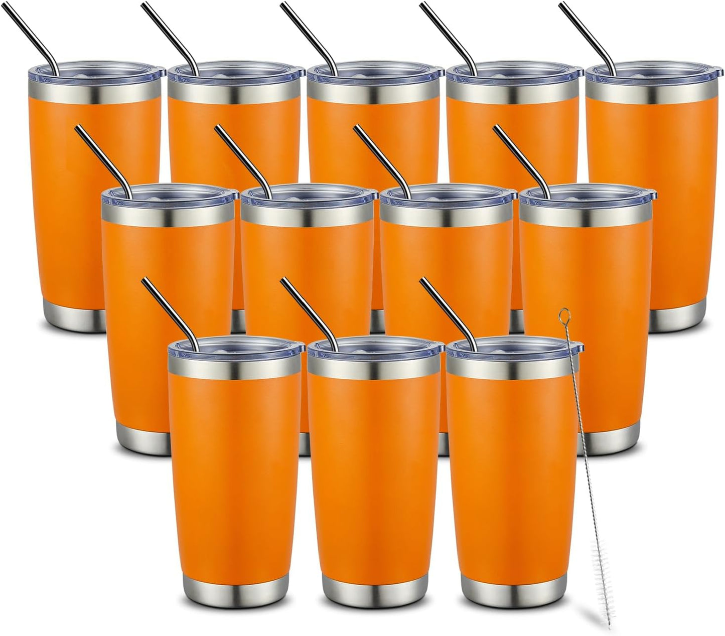 COMOOO 20oz Double Wall Vacuum Insulated Travel Mug Bulk Stainless Steel Tumbler with Lid and Straw Durable Powder Coated Insulated Coffee Cup for Cold & Hot Drinks (Orange, 12 pack