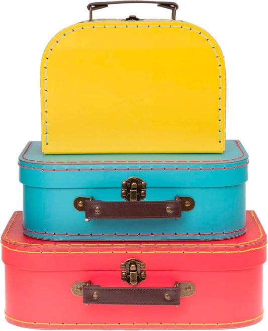 Jewelkeeper Decorative Storage Boxes Set of 3 - World Map Mini Suitcase Style Cardboard Suitcase with Brass Clasps and Handle - Ideal for Travel Decor, Event Props and Gift Presentation