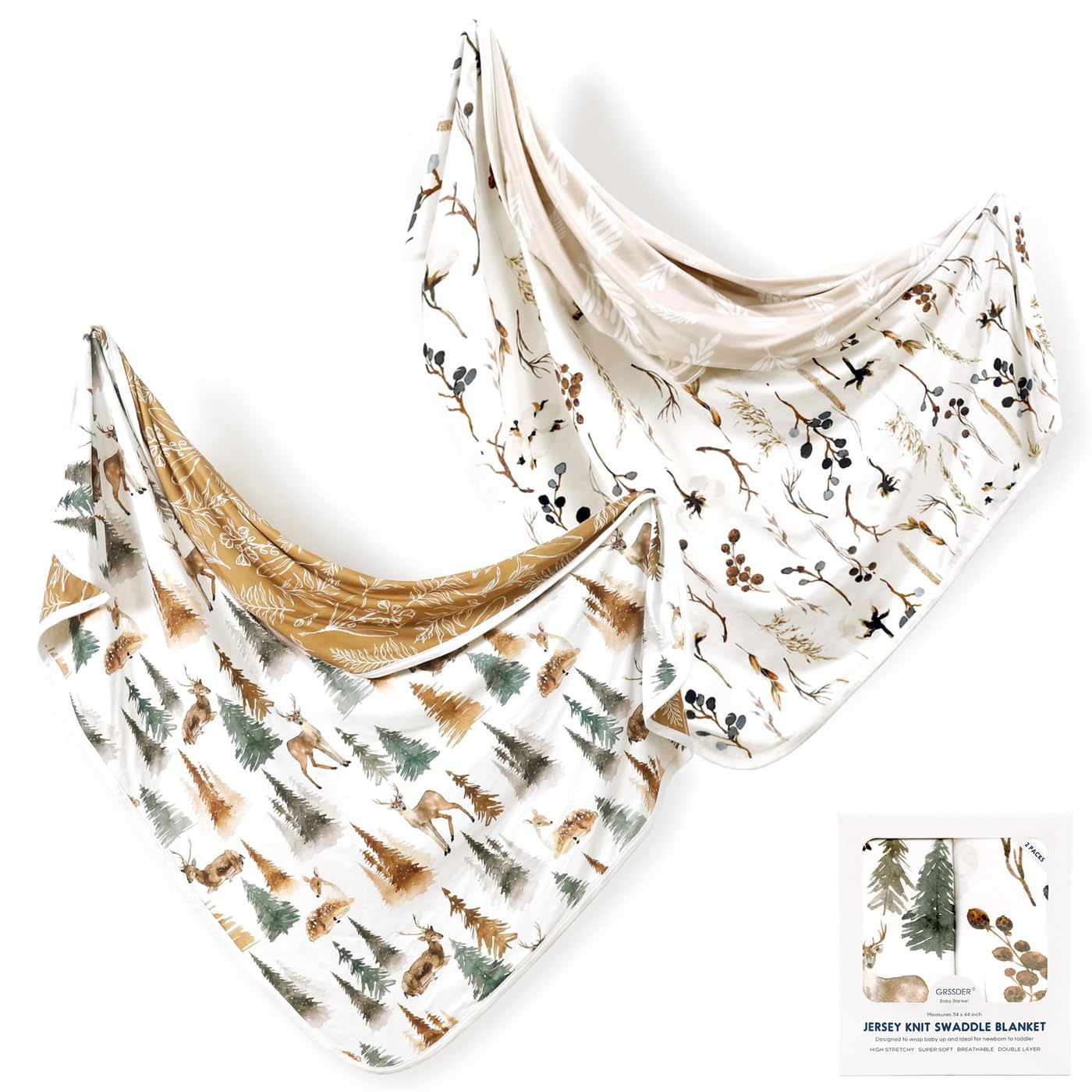 GRSSDER Baby Blankets Super Soft Stretchy Jersey Swaddle Blanket 2 Pack for Girls and Boys, Double Layer Reversible Receiving Blankets 34 x 44, Extra Large for Swaddling, Deer & Beige